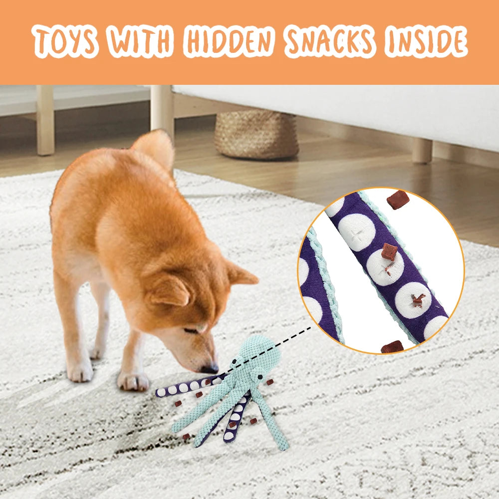 Pet Sniff Plush Toy with Squeaky Sound – Octopus & Shell Puzzle Chew Toy for Dogs & Cats – Teeth Cleaning Interactive Pet Toy