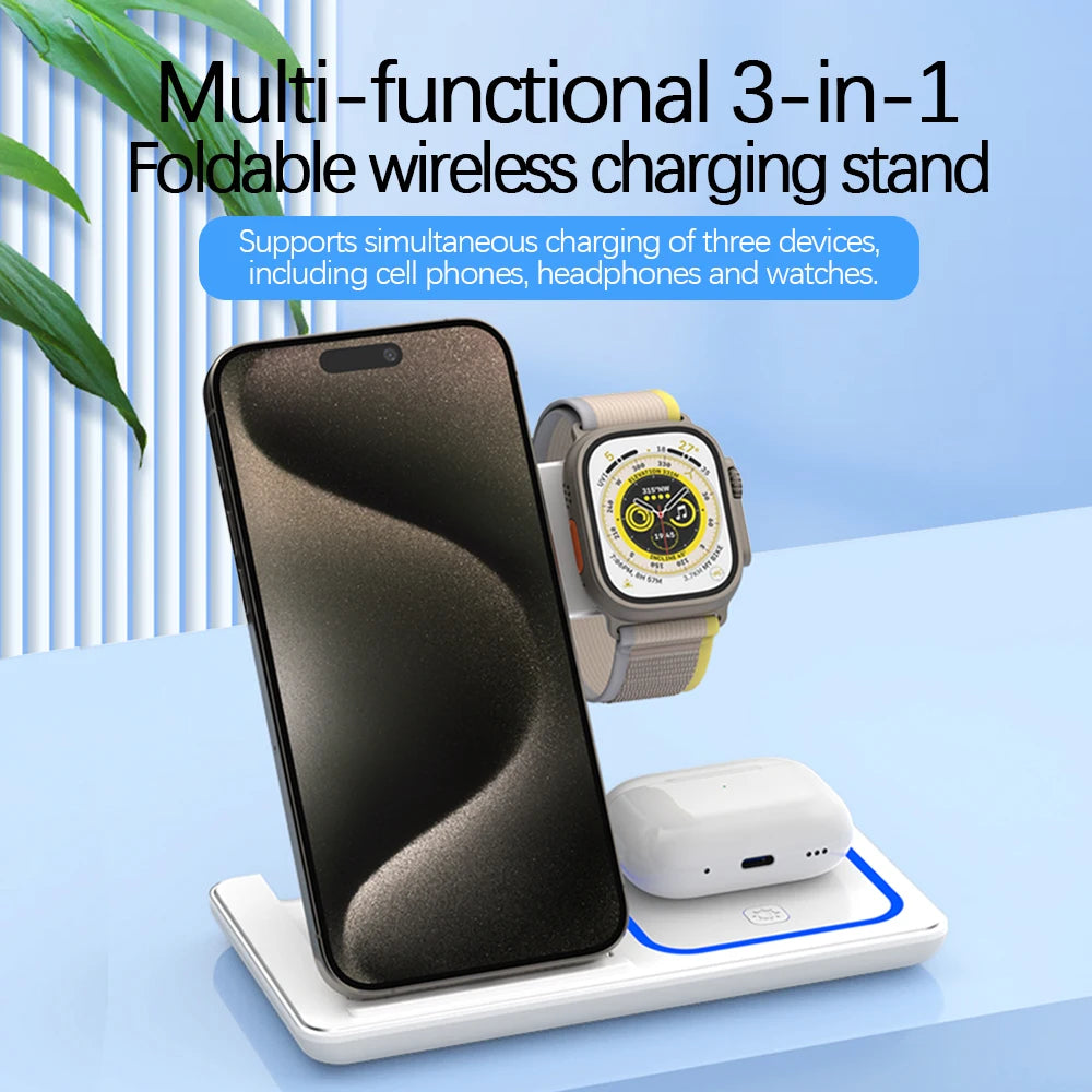 3-in-1 30W Fast Wireless Charging Station | Foldable Charger Stand for iPhone 15–11, Apple Watch Series 9–5, AirPods Pro