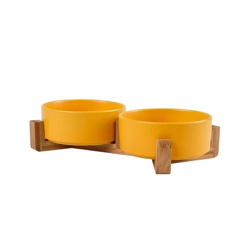 Ceramic Pet Bowl with Wooden Stand – No-Spill Elevated Double Dish Feeder for Cats & Small Dogs