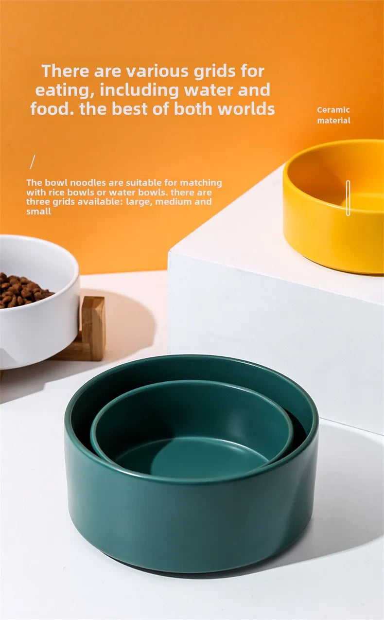 Ceramic Pet Bowl with Wooden Stand – No-Spill Elevated Double Dish Feeder for Cats & Small Dogs