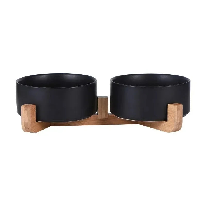Ceramic Pet Bowl with Wooden Stand – No-Spill Elevated Double Dish Feeder for Cats & Small Dogs