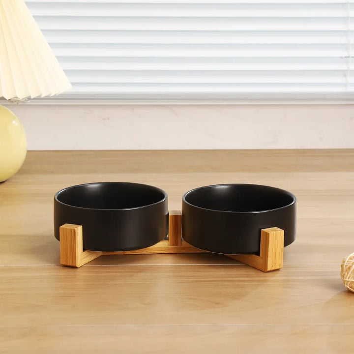 Ceramic Pet Bowl with Wooden Stand – No-Spill Elevated Double Dish Feeder for Cats & Small Dogs