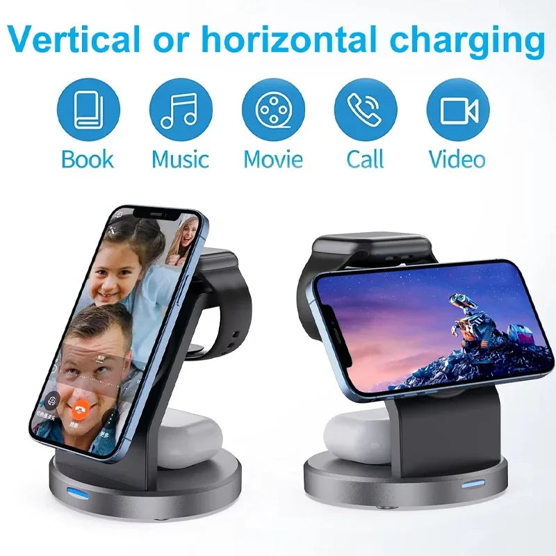 3-in-1 Magnetic Wireless Charger Stand – MagSafe-Compatible Charging Dock for iPhone 15–12 Pro Max, Apple Watch Series 9–2, AirPods Pro