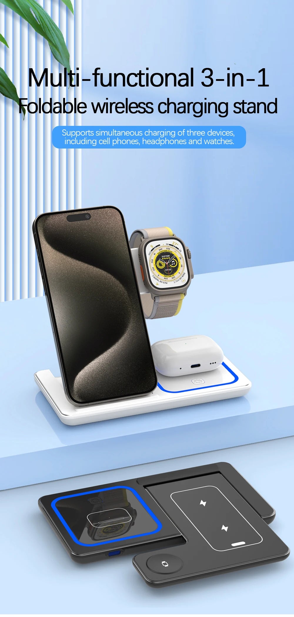 3-in-1 30W Fast Wireless Charging Station | Foldable Charger Stand for iPhone 15–11, Apple Watch Series 9–5, AirPods Pro