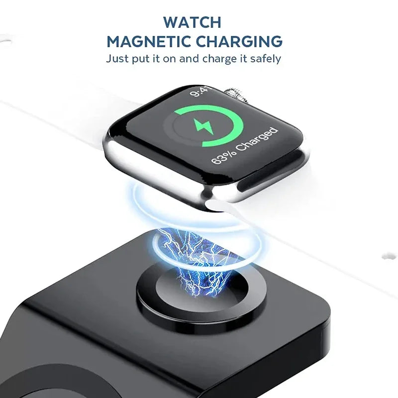 3-in-1 Magnetic Wireless Charger Stand – MagSafe-Compatible Charging Dock for iPhone 15–12 Pro Max, Apple Watch Series 9–2, AirPods Pro