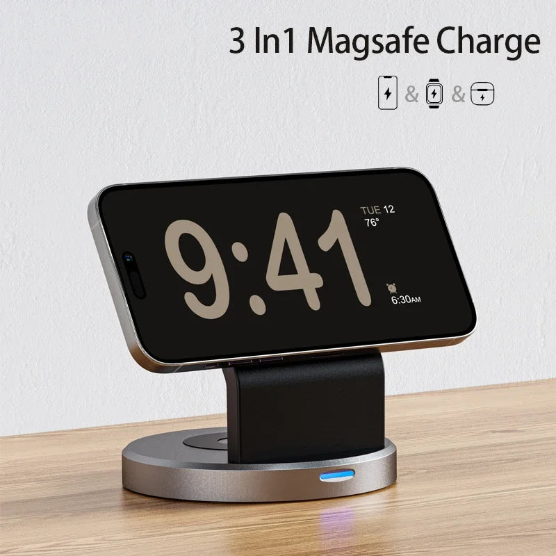 3-in-1 Magnetic Wireless Charger Stand – MagSafe-Compatible Charging Dock for iPhone 15–12 Pro Max, Apple Watch Series 9–2, AirPods Pro