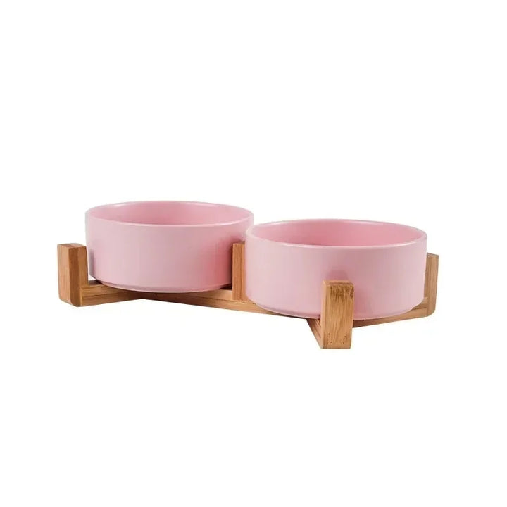 Ceramic Pet Bowl with Wooden Stand – No-Spill Elevated Double Dish Feeder for Cats & Small Dogs