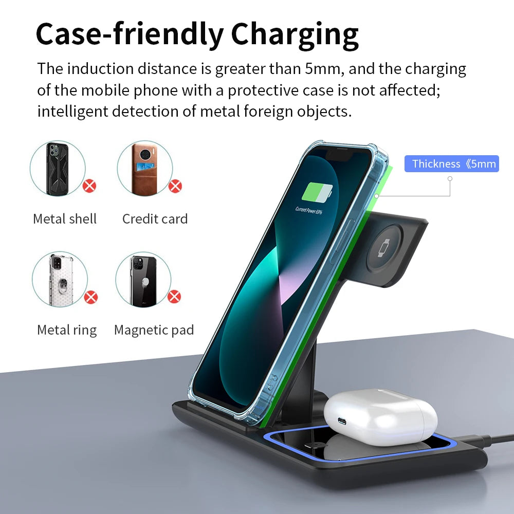 3-in-1 30W Fast Wireless Charging Station | Foldable Charger Stand for iPhone 15–11, Apple Watch Series 9–5, AirPods Pro