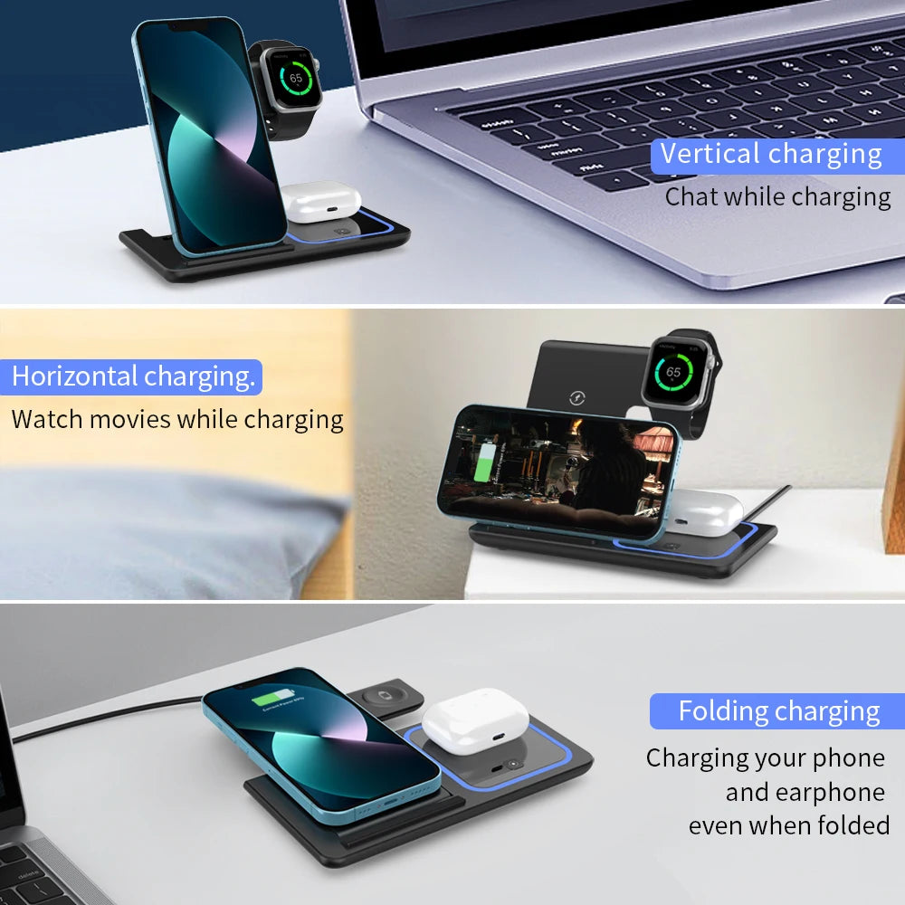 3-in-1 30W Fast Wireless Charging Station | Foldable Charger Stand for iPhone 15–11, Apple Watch Series 9–5, AirPods Pro