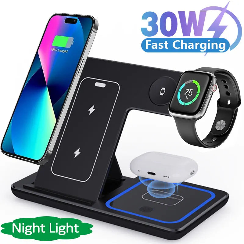 3-in-1 30W Fast Wireless Charging Station | Foldable Charger Stand for iPhone 15–11, Apple Watch Series 9–5, AirPods Pro