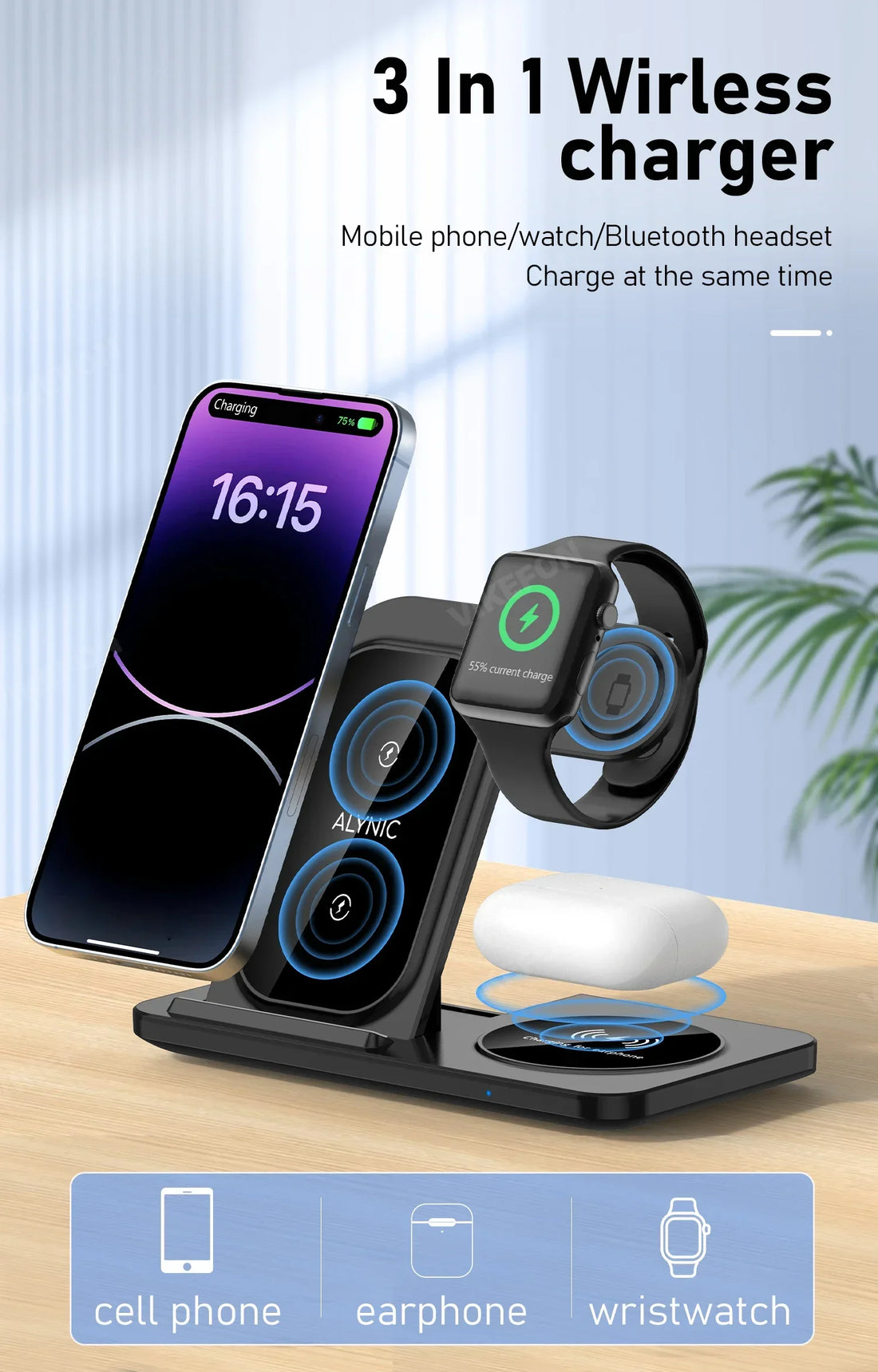 3-in-1 30W Fast Wireless Charging Station | Foldable Charger Stand for iPhone 15–11, Apple Watch Series 9–5, AirPods Pro