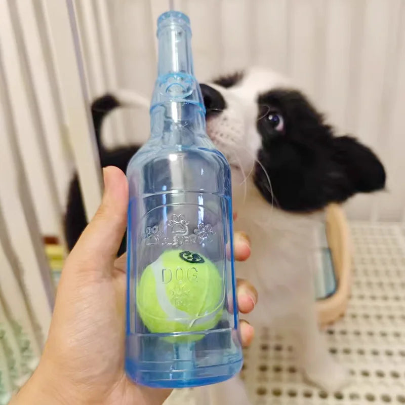 TPR Bite-Resistant Beer Bottle Dog Chew Toy with Tennis Ball – Squeaky Interactive Toy for Puppies & Adult Dogs