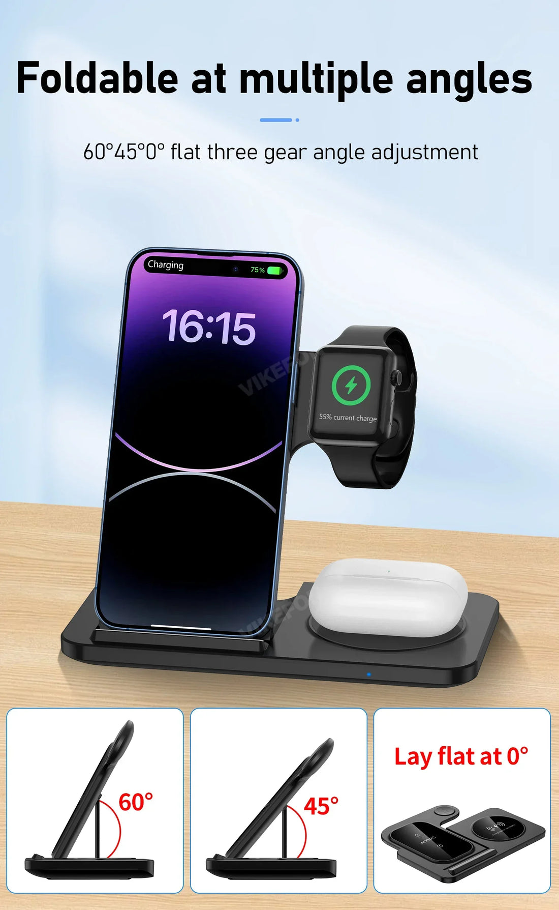 3-in-1 30W Fast Wireless Charging Station | Foldable Charger Stand for iPhone 15–11, Apple Watch Series 9–5, AirPods Pro
