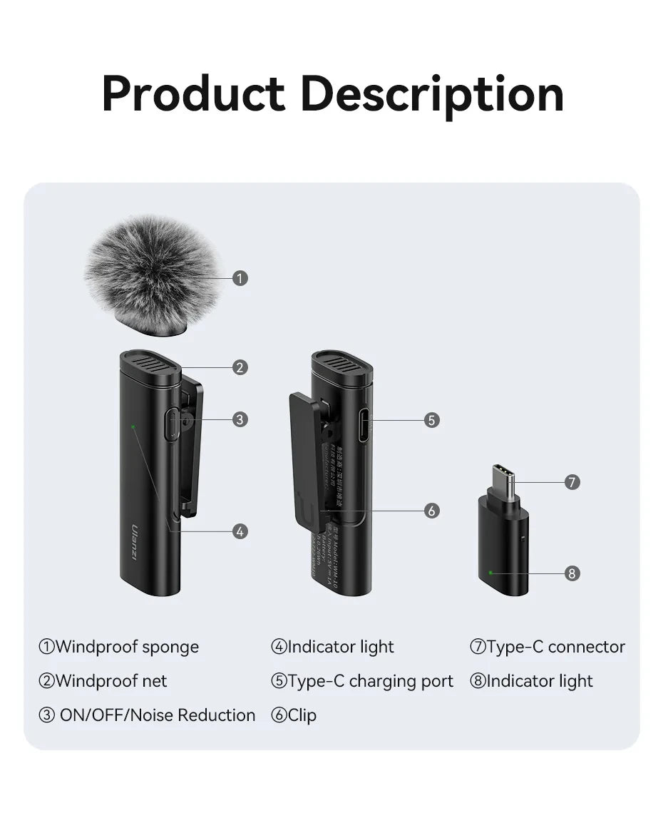 Ulanzi VM-10 Wireless Lavalier Microphone – Portable Clip-On Mic for iPhone & Android, Live Streaming & Recording
