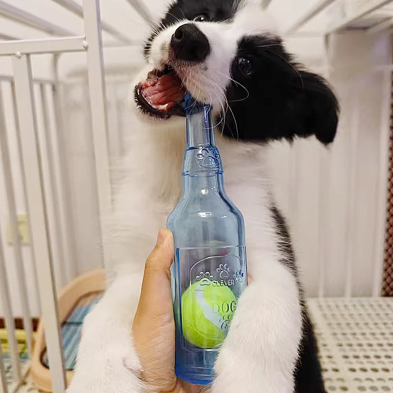 TPR Bite-Resistant Beer Bottle Dog Chew Toy with Tennis Ball – Squeaky Interactive Toy for Puppies & Adult Dogs