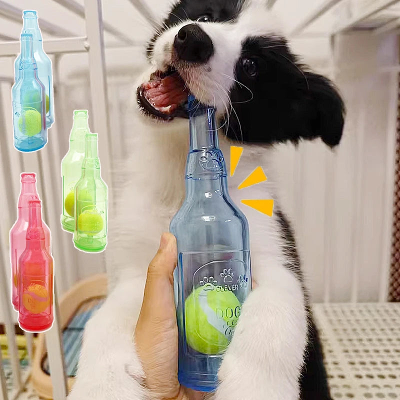 TPR Bite-Resistant Beer Bottle Dog Chew Toy with Tennis Ball – Squeaky Interactive Toy for Puppies & Adult Dogs