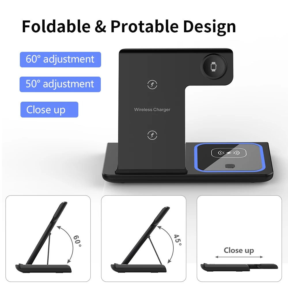3-in-1 30W Fast Wireless Charging Station | Foldable Charger Stand for iPhone 15–11, Apple Watch Series 9–5, AirPods Pro