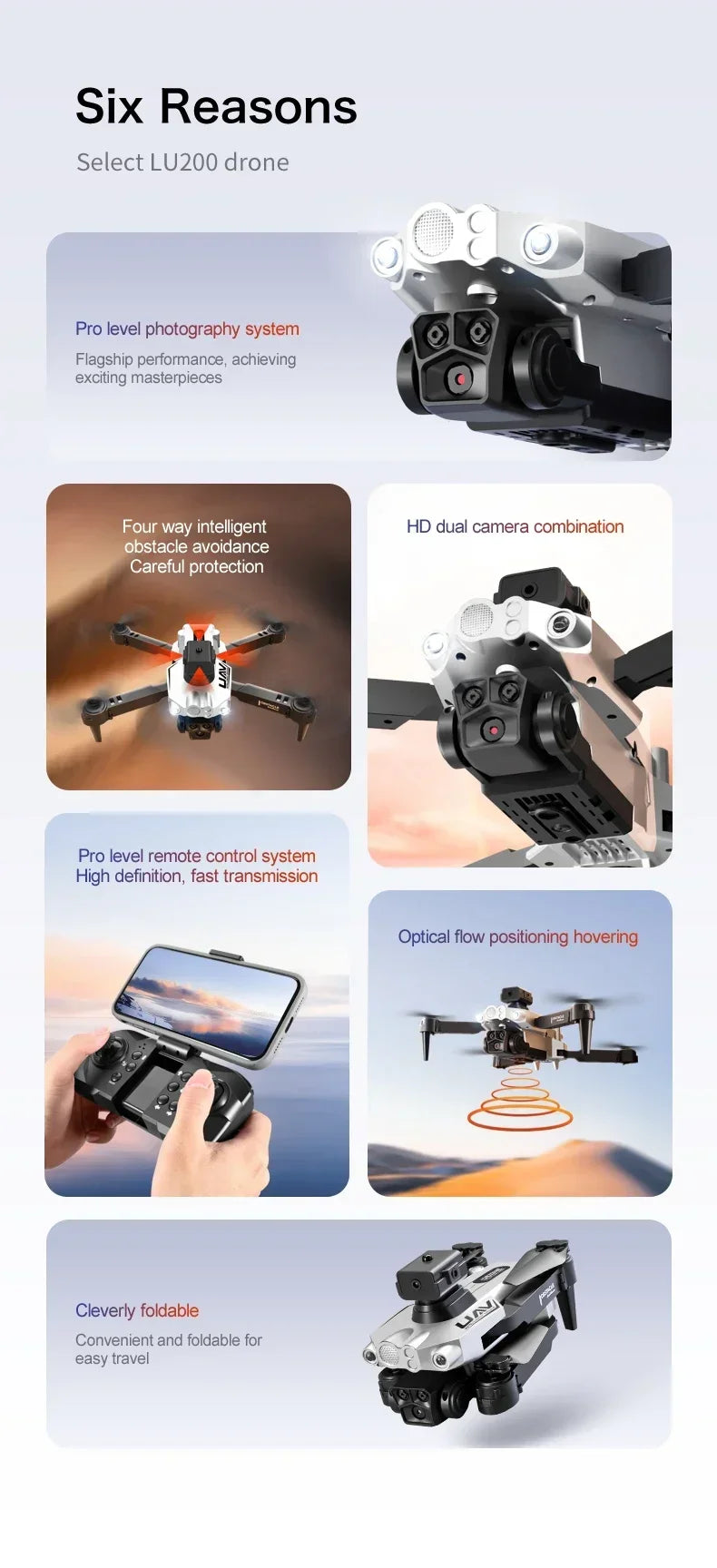 LU200 Drone – 8K Triple Camera, 5G GPS, 10KM Range, Obstacle Avoidance, Foldable Quadcopter