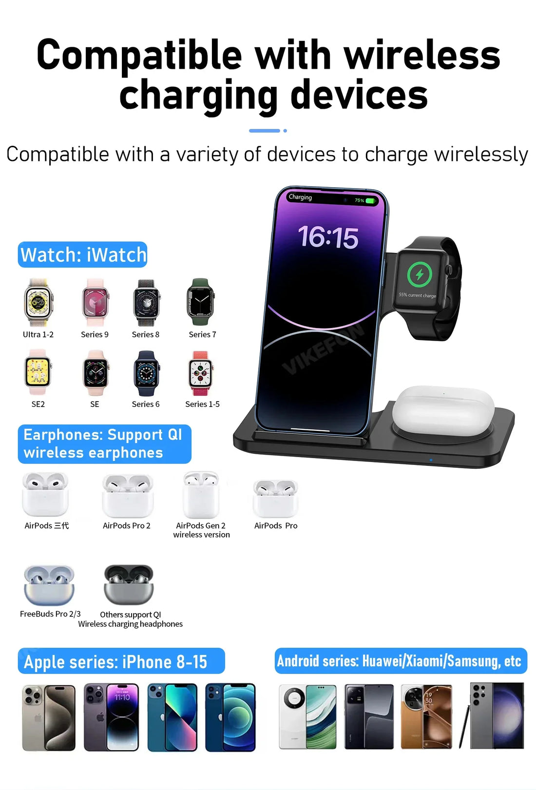 3-in-1 30W Fast Wireless Charging Station | Foldable Charger Stand for iPhone 15–11, Apple Watch Series 9–5, AirPods Pro
