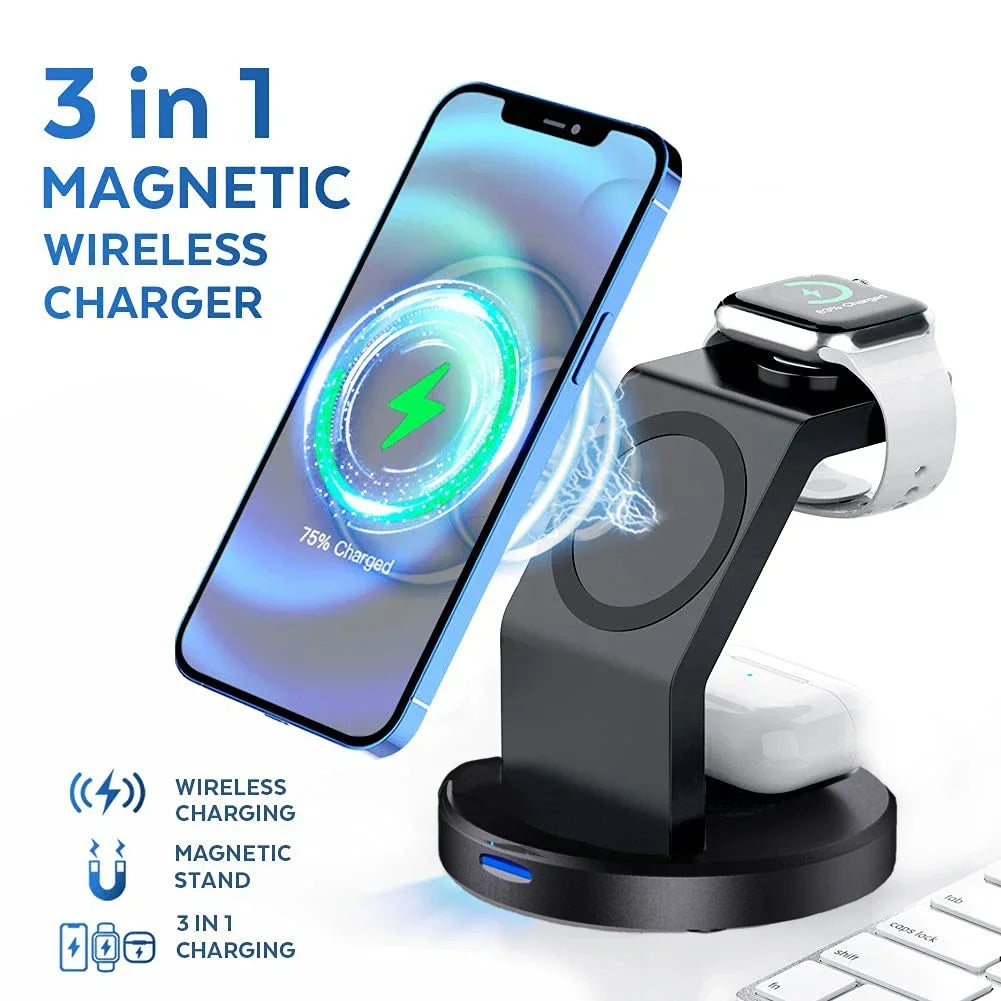 3-in-1 Magnetic Wireless Charger Stand – MagSafe-Compatible Charging Dock for iPhone 15–12 Pro Max, Apple Watch Series 9–2, AirPods Pro