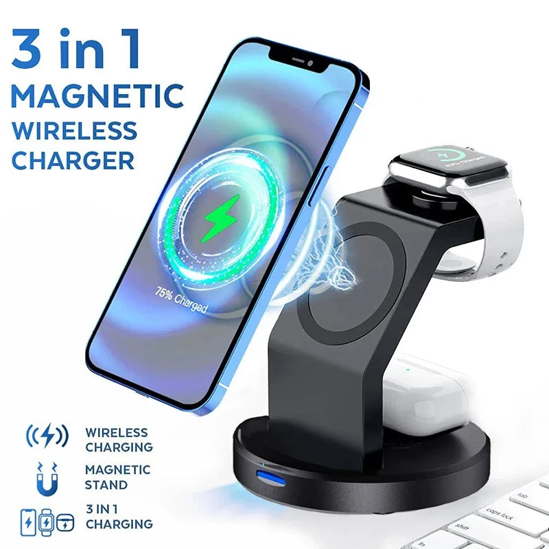 3-in-1 Magnetic Wireless Charger Stand – MagSafe-Compatible Charging Dock for iPhone 15–12 Pro Max, Apple Watch Series 9–2, AirPods Pro