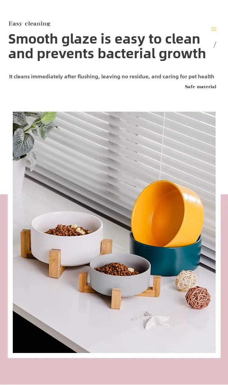 Ceramic Pet Bowl with Wooden Stand – No-Spill Elevated Double Dish Feeder for Cats & Small Dogs