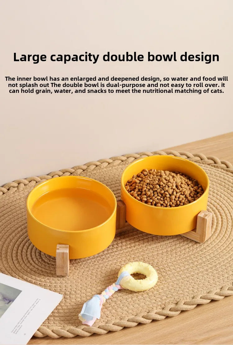 Ceramic Pet Bowl with Wooden Stand – No-Spill Elevated Double Dish Feeder for Cats & Small Dogs