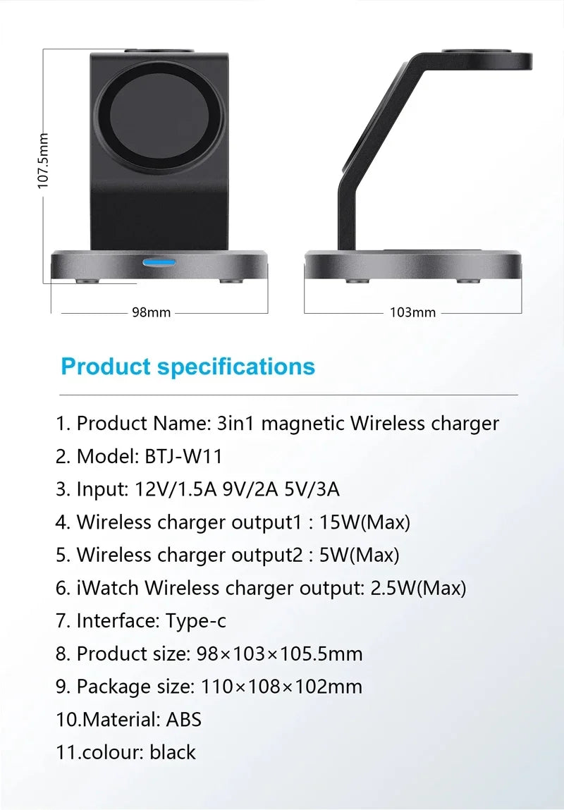 3-in-1 Magnetic Wireless Charger Stand – MagSafe-Compatible Charging Dock for iPhone 15–12 Pro Max, Apple Watch Series 9–2, AirPods Pro