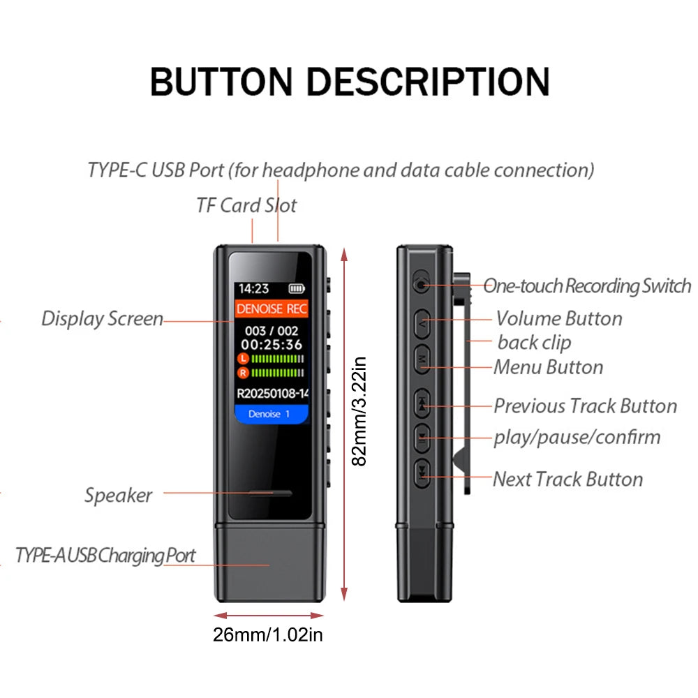 USB Flash Drive Voice Activated Recorder with Back Clip – MP3 Player, Noise Cancellation, Digital Audio Recorder