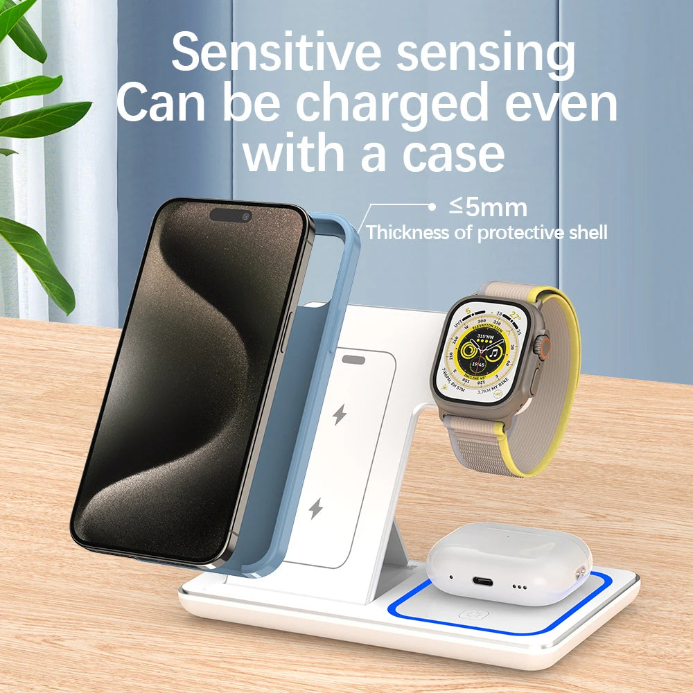 3-in-1 30W Fast Wireless Charging Station | Foldable Charger Stand for iPhone 15–11, Apple Watch Series 9–5, AirPods Pro