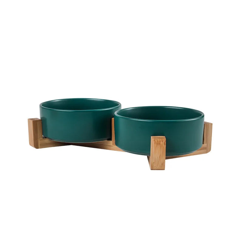 Ceramic Pet Bowl with Wooden Stand – No-Spill Elevated Double Dish Feeder for Cats & Small Dogs