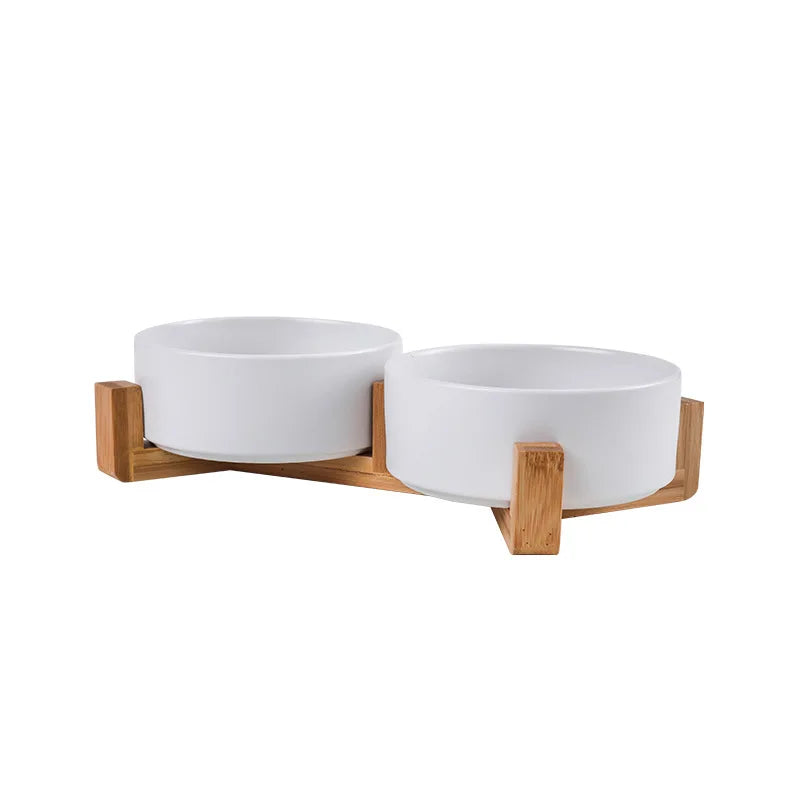 Ceramic Pet Bowl with Wooden Stand – No-Spill Elevated Double Dish Feeder for Cats & Small Dogs