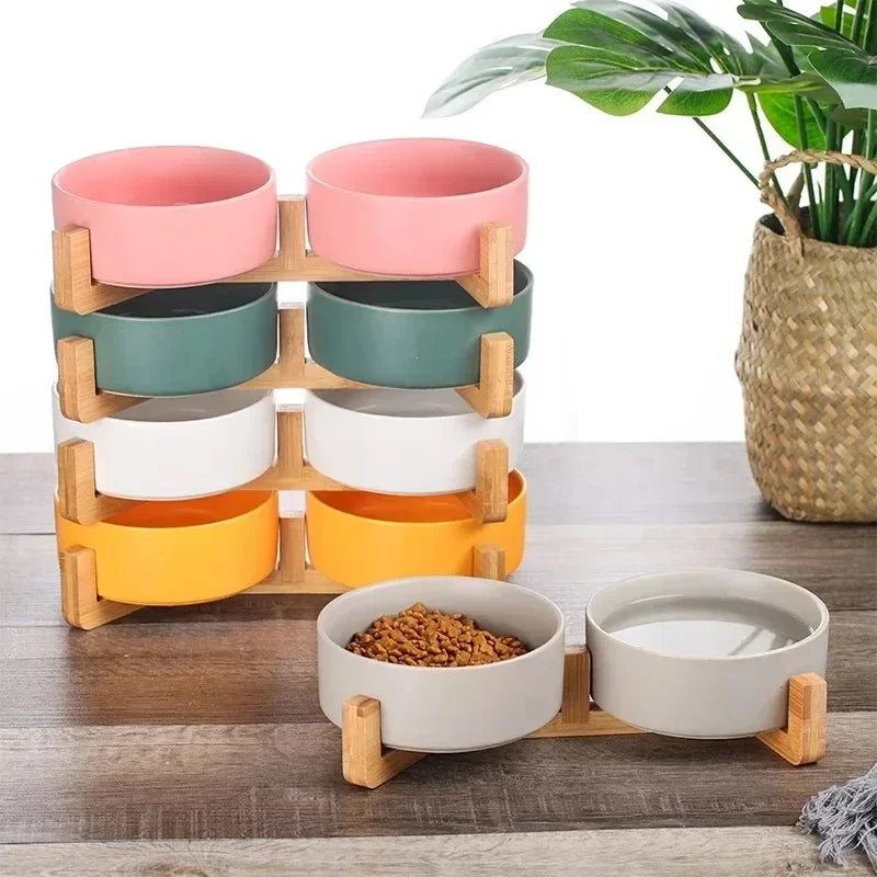 Ceramic Pet Bowl with Wooden Stand – No-Spill Elevated Double Dish Feeder for Cats & Small Dogs