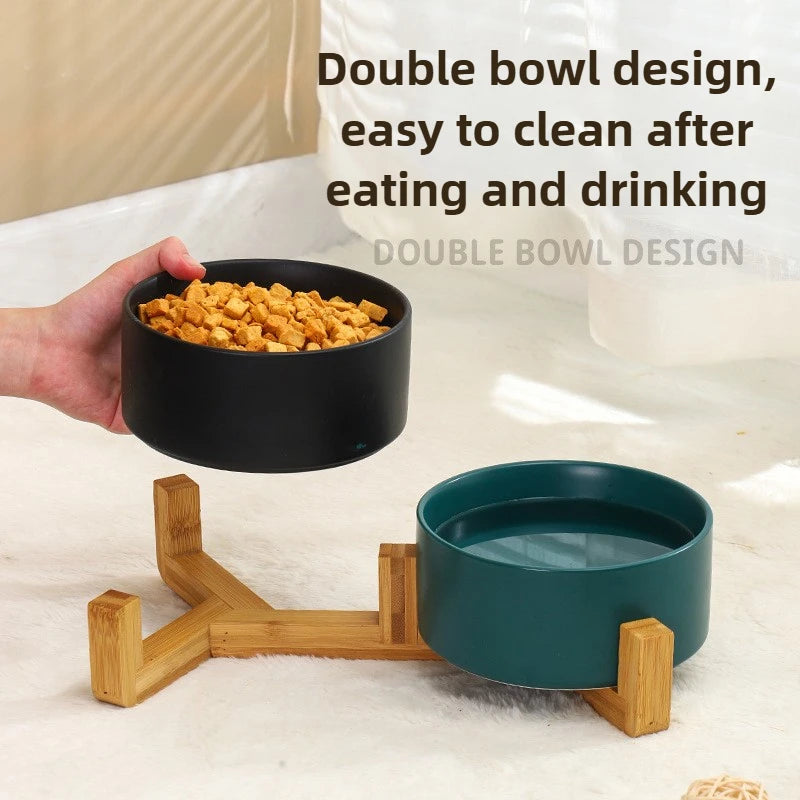 Ceramic Pet Bowl with Wooden Stand – No-Spill Elevated Double Dish Feeder for Cats & Small Dogs