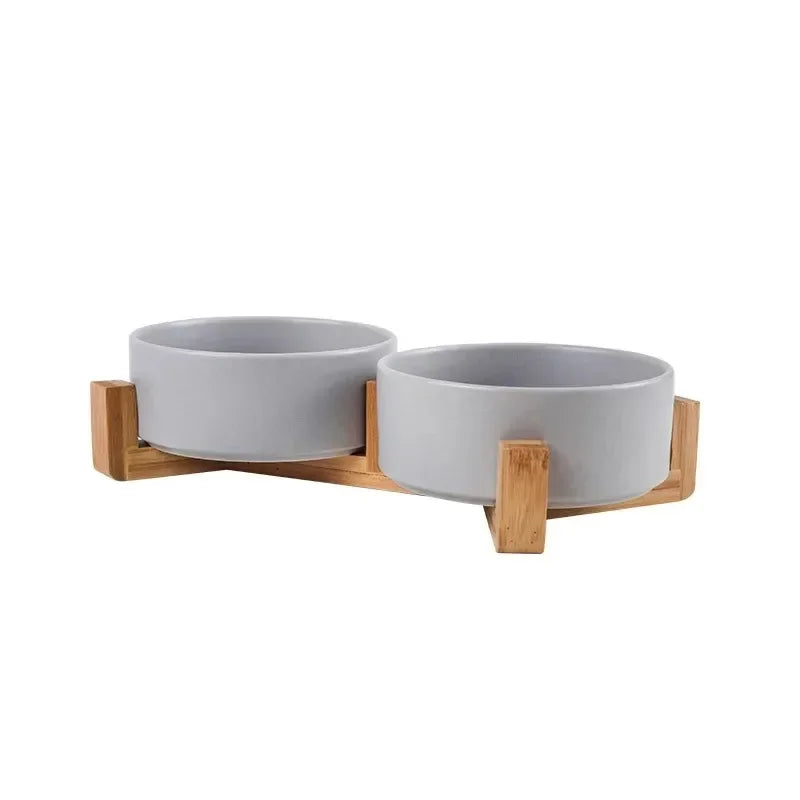 Ceramic Pet Bowl with Wooden Stand – No-Spill Elevated Double Dish Feeder for Cats & Small Dogs