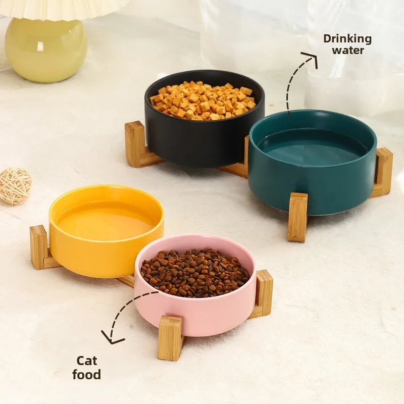 Ceramic Pet Bowl with Wooden Stand – No-Spill Elevated Double Dish Feeder for Cats & Small Dogs