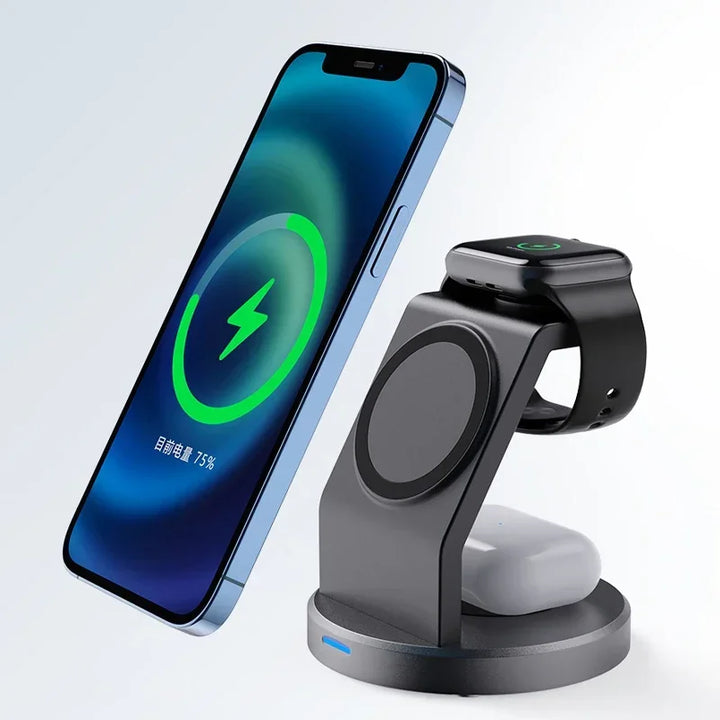 3-in-1 Magnetic Wireless Charger Stand – MagSafe-Compatible Charging Dock for iPhone 15–12 Pro Max, Apple Watch Series 9–2, AirPods Pro