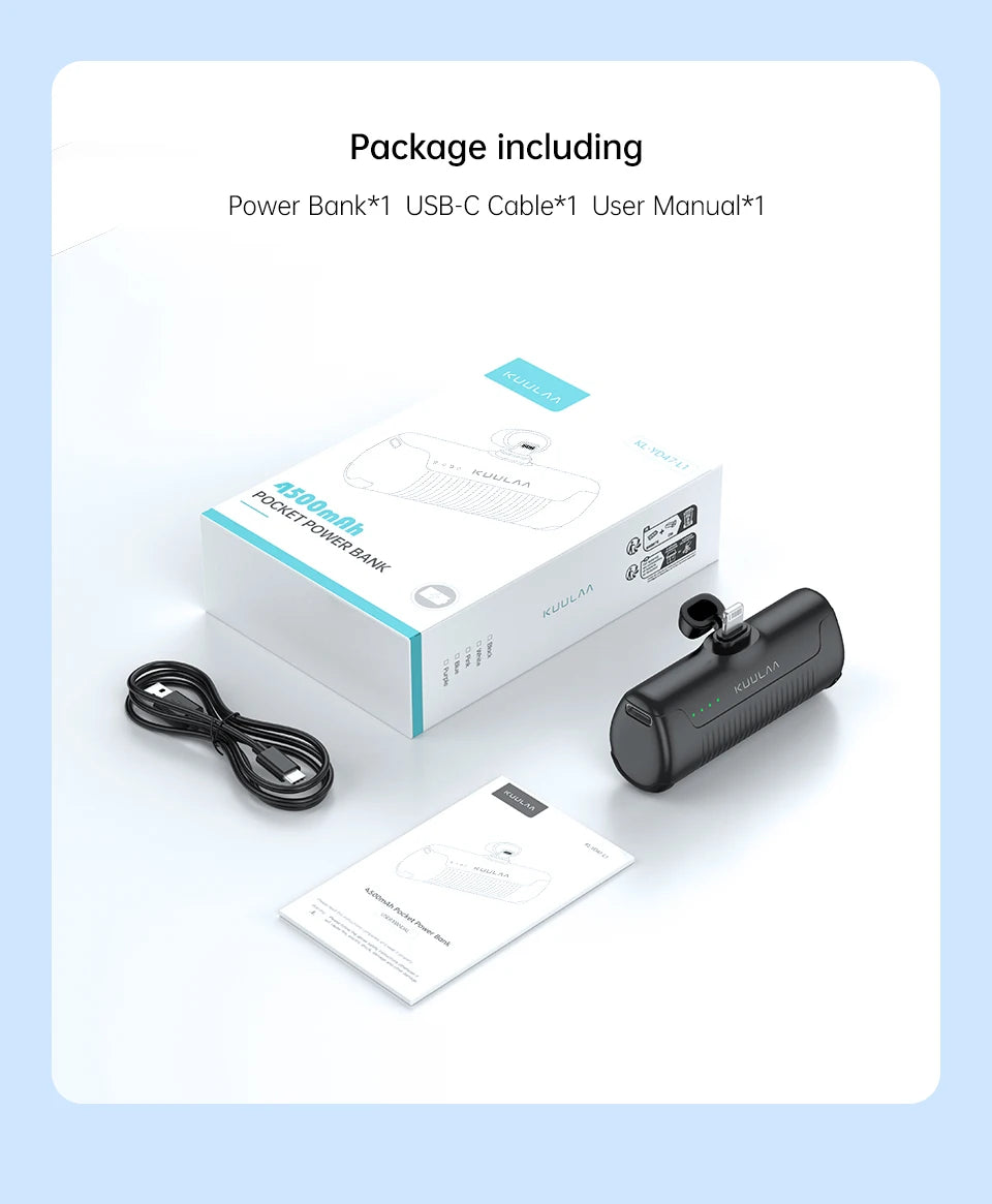Kuulaa Mini Power Bank 4500mAh – Portable Charger for iPhone 16/15/14/13 Pro Max, Samsung, Xiaomi – Compact External Battery Pack