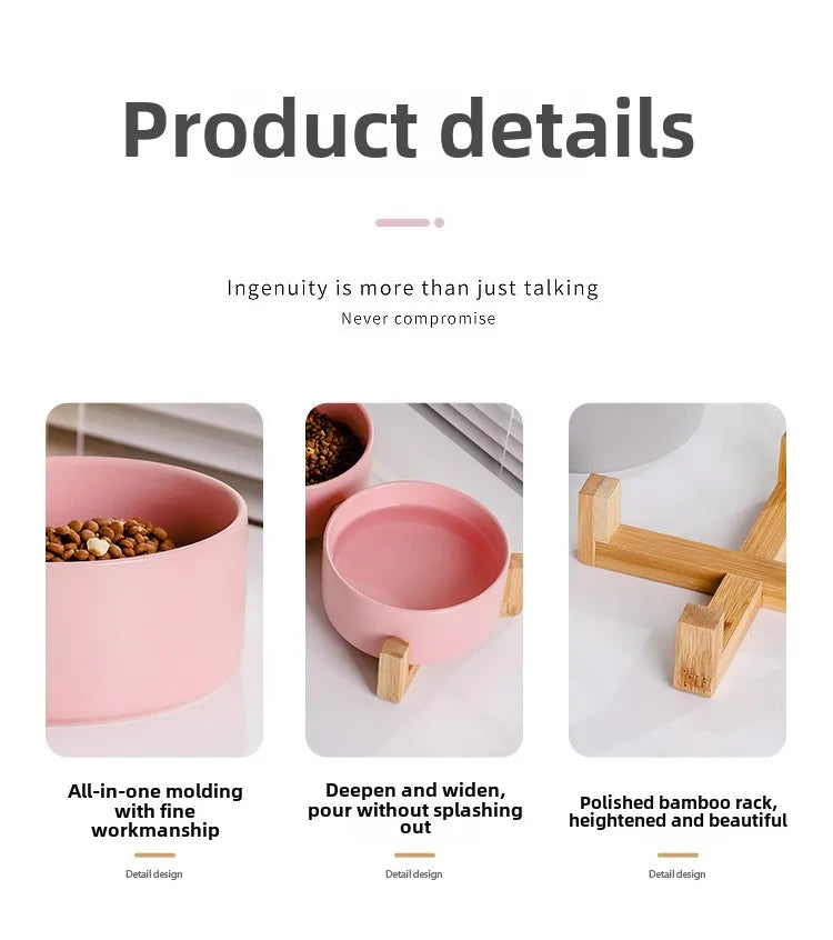 Ceramic Pet Bowl with Wooden Stand – No-Spill Elevated Double Dish Feeder for Cats & Small Dogs
