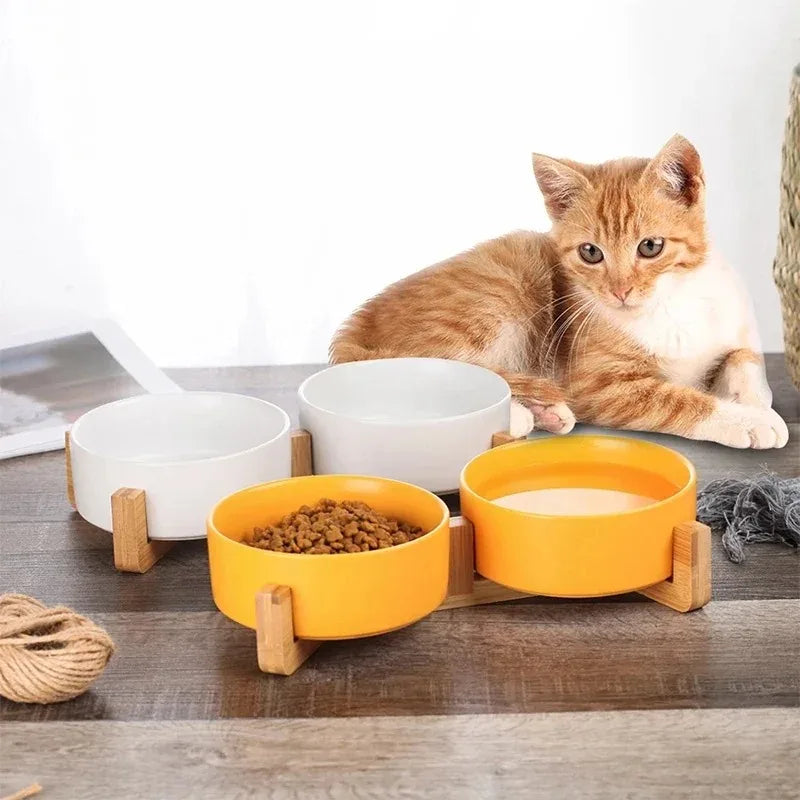 Ceramic Pet Bowl with Wooden Stand – No-Spill Elevated Double Dish Feeder for Cats & Small Dogs