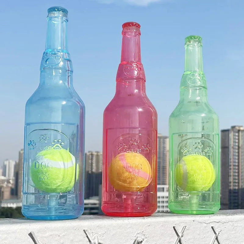 TPR Bite-Resistant Beer Bottle Dog Chew Toy with Tennis Ball – Squeaky Interactive Toy for Puppies & Adult Dogs