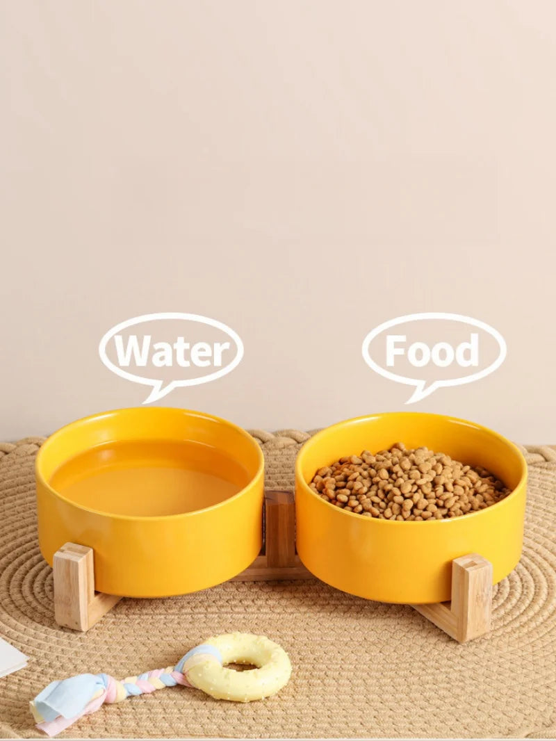 Ceramic Pet Bowl with Wooden Stand – No-Spill Elevated Double Dish Feeder for Cats & Small Dogs