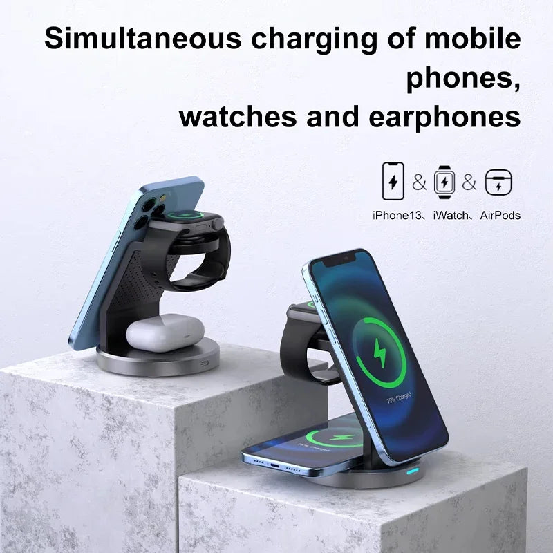 3-in-1 Magnetic Wireless Charger Stand – MagSafe-Compatible Charging Dock for iPhone 15–12 Pro Max, Apple Watch Series 9–2, AirPods Pro
