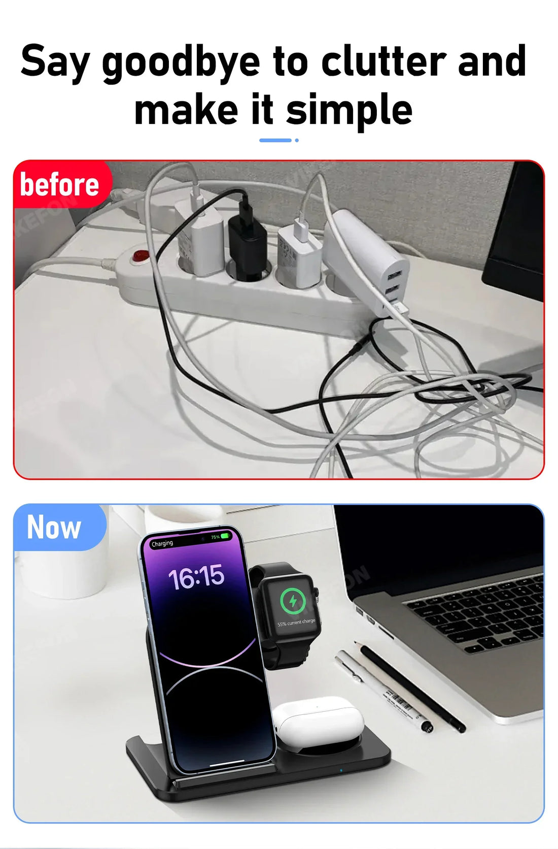 3-in-1 30W Fast Wireless Charging Station | Foldable Charger Stand for iPhone 15–11, Apple Watch Series 9–5, AirPods Pro