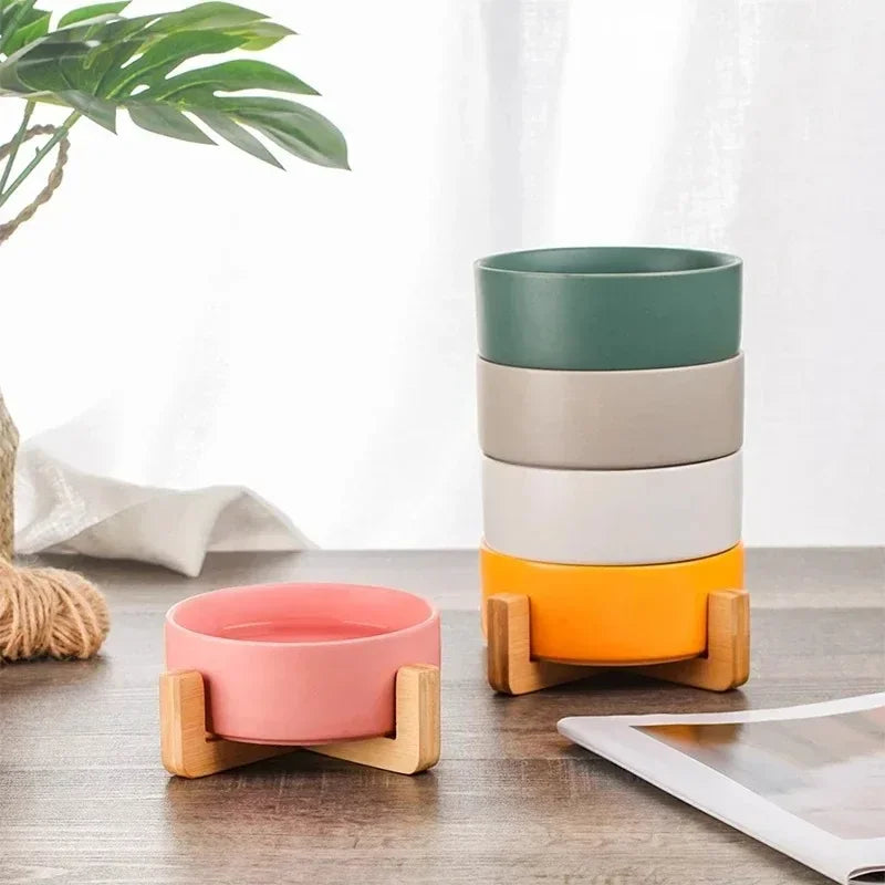 Ceramic Pet Bowl with Wooden Stand – No-Spill Elevated Double Dish Feeder for Cats & Small Dogs